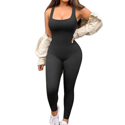 Women'S Solid Color Workout Jumpsuits, Sleeveless Slim Fit Yoga Fitness Romper Jumpsuits Seamless Gymwear