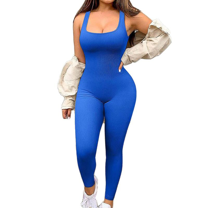 Women'S Solid Color Workout Jumpsuits, Sleeveless Slim Fit Yoga Fitness Romper Jumpsuits Seamless Gymwear