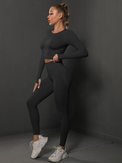 Two-Piece Set Women'S Solid Raglan Sleeve Crop Tee & High Waist Leggings Tracksuit Set, Sporty Breathable Comfy Seamless Outfits for Yoga Gym Workout Running, Ladies Sportswear for All Seasons