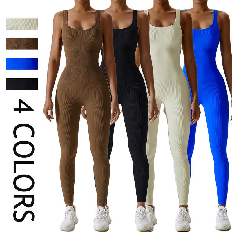 Women'S Solid Color Workout Jumpsuits, Sleeveless Slim Fit Yoga Fitness Romper Jumpsuits Seamless Gymwear