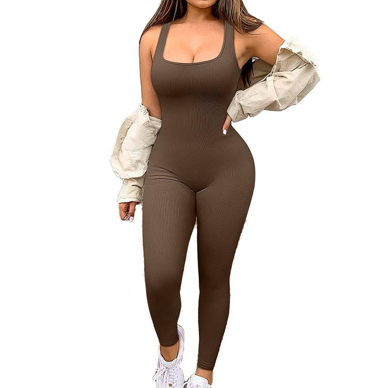 Women'S Solid Color Workout Jumpsuits, Sleeveless Slim Fit Yoga Fitness Romper Jumpsuits Seamless Gymwear