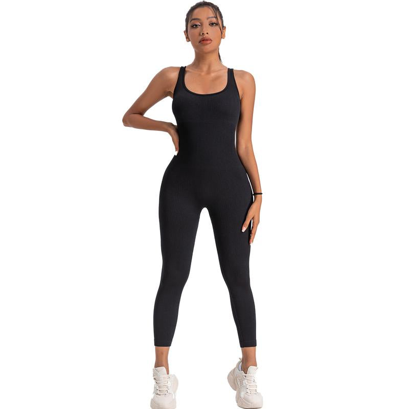 Women'S Solid Color Workout Jumpsuits, Sleeveless Slim Fit Yoga Fitness Romper Jumpsuits Seamless Gymwear