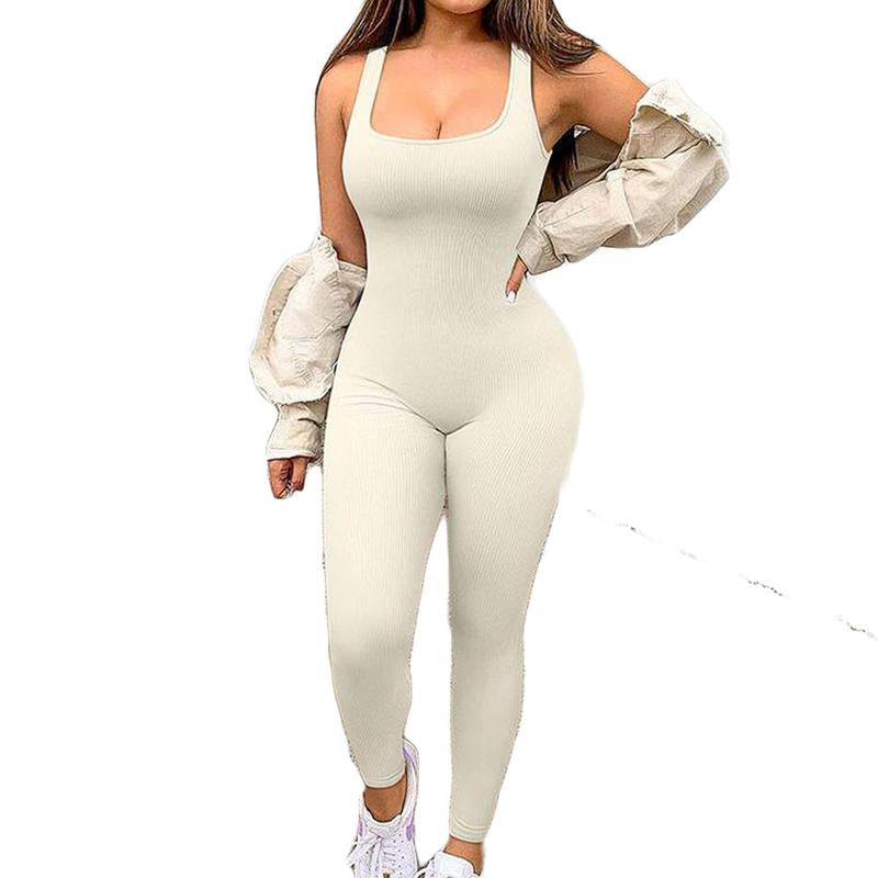 Women'S Solid Color Workout Jumpsuits, Sleeveless Slim Fit Yoga Fitness Romper Jumpsuits Seamless Gymwear